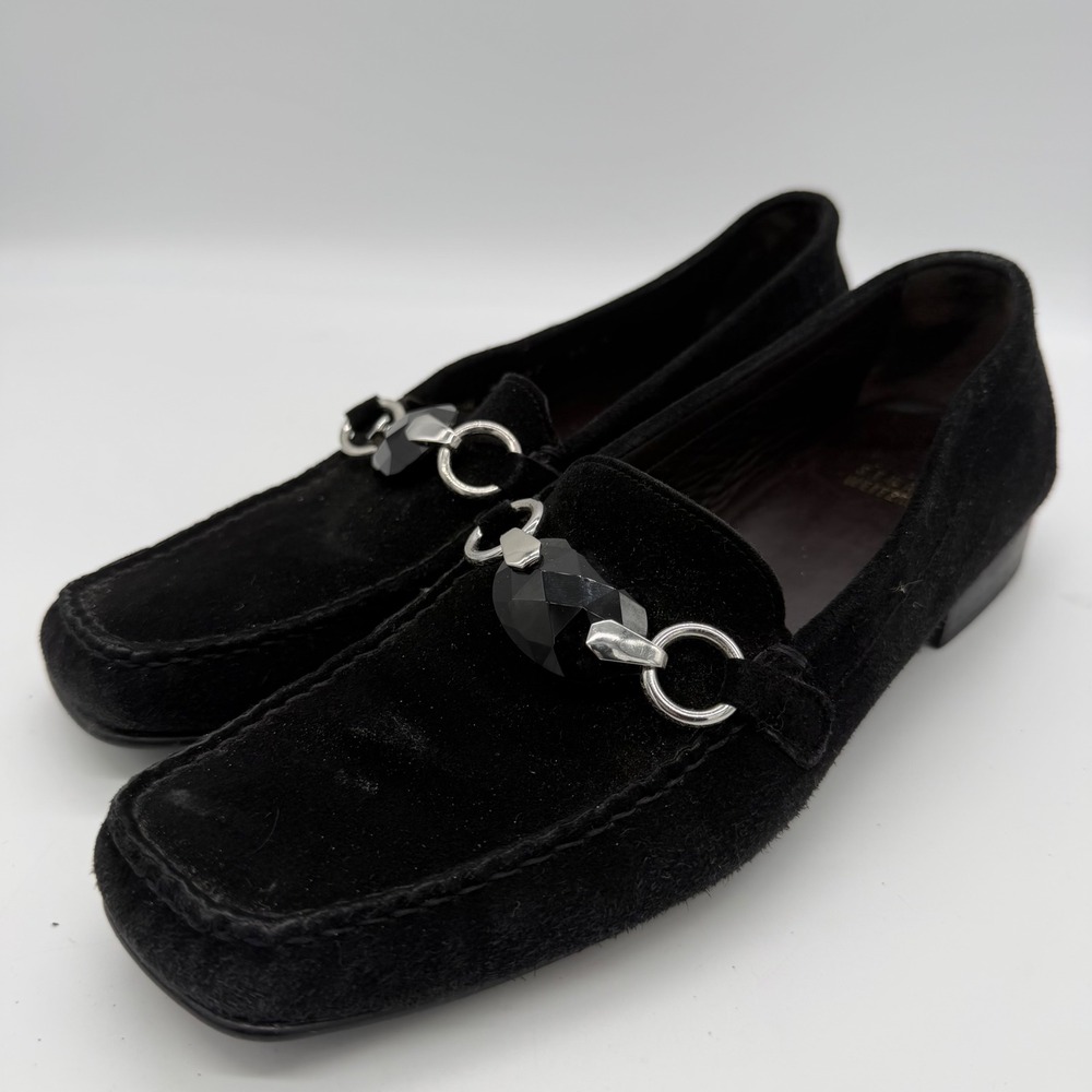 Stuart Weitzman Womens 8.5 N Black Suede Crystal Link Loafers CI3W 72327